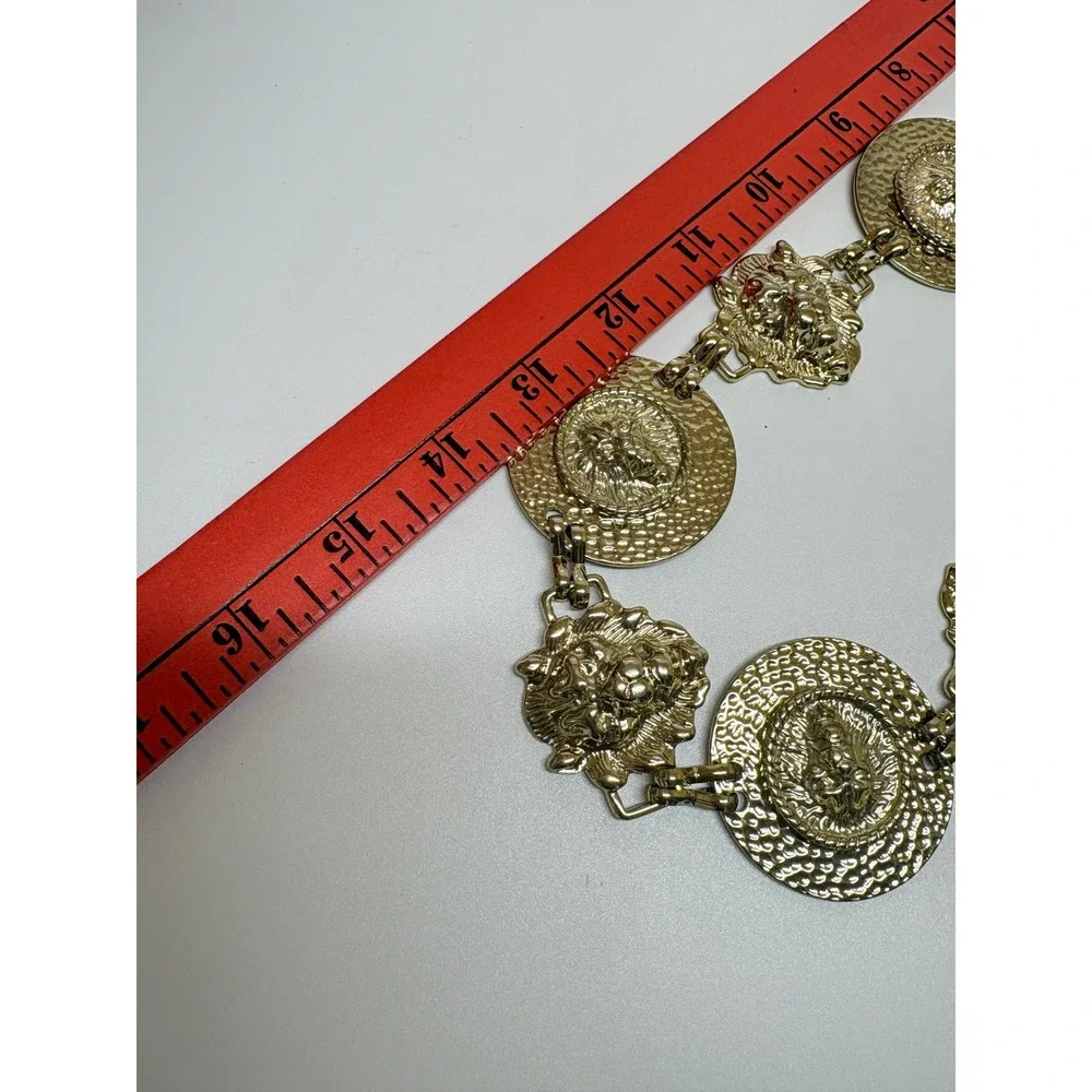 Vintage Gold Tone Lion Head Medallion Chain Belt Necklace Hammered Coin  36in